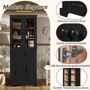 English Elm 67.2" Tall Bathroom Storage Cabinet with Tempered Glass Doors, Adjustable Shelves, Soft-Close Hinges and Anti-Tip Safety Black N729P310006B
