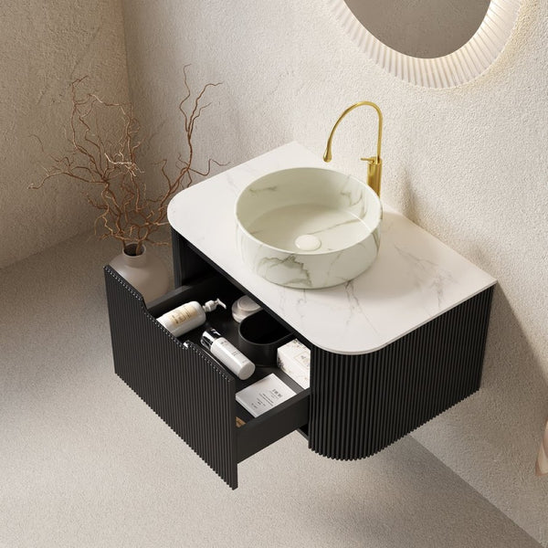 English Elm Muri Floating Bathroom Vanity Plywood Cabinet Sintered Stone Top Oak Drawer Black,Carrara White,Stone White W2615S00398