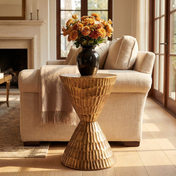 English Elm 13.78 Inch Handmade Mgo Geometric Side Table Gold Metallic Accent for Indoor Outdoor N772P390771C