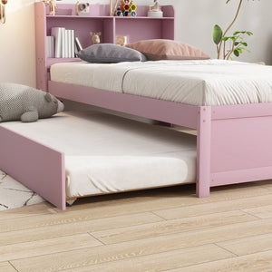 English Elm Twin Pink Trundle Bed with Bookcase Headboard — Space-Saving Twin Bed for Small Rooms, Storage Friendly W504P317860