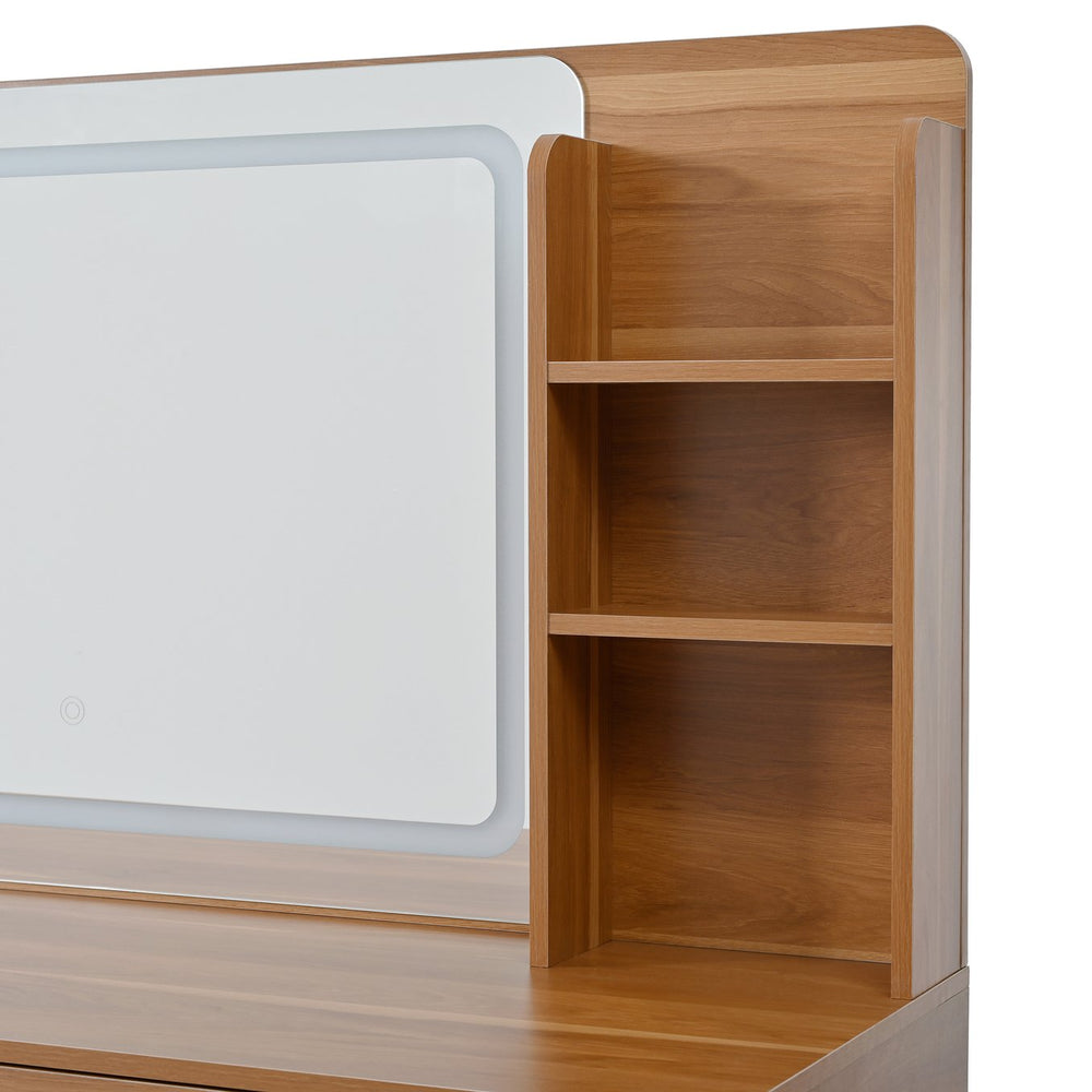 English Elm 47''Vintage Elegant Makeup Vanity with Lights and Mirror, 5-Drawer Rattan Design, Solid Wood Craftsmanship Walnut 46 L x 27 W x 8 H N733P337468M