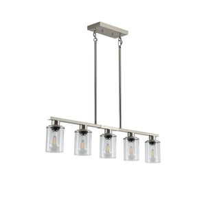 English Elm 37" Five-light Iron Chandelier Brushed Nickel Finish Clear Glass Linear Kitchen Pendant W1340P206715