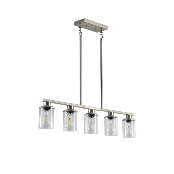 English Elm 37" Five-light Iron Chandelier Brushed Nickel Finish Clear Glass Linear Kitchen Pendant W1340P206715