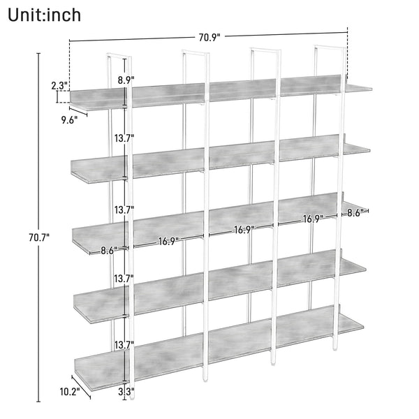 English Elm 5 Tier Bookcase Industrial Open Bookshelf with Steel Frame, 80lb Shelves, Anti-Fall Device White N725P247766W