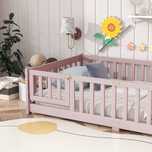 English Elm Twin Size Floor Bed With Safety Guardrails - Durable Rubber Wood Design In Pink For Toddlers W504P286376-GIGA