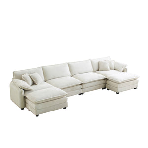 English Elm Over oversized U Shape Corduroy Sofa – Modern 4-Seater with 2 Ottomans, Plush Memory-Foam Comfort, Beige Glam W714S00695