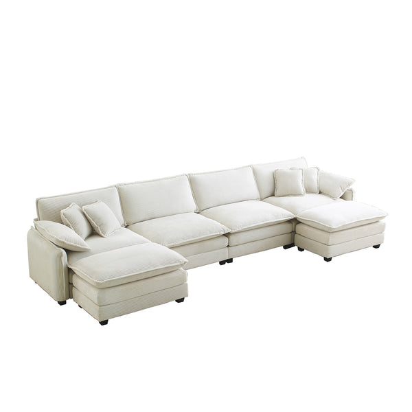 English Elm Over oversized U Shape Corduroy Sofa – Modern 4-Seater with 2 Ottomans, Plush Memory-Foam Comfort, Beige Glam W714S00695