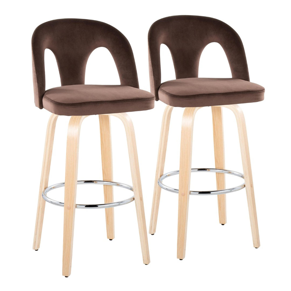 English Elm Fixed-height Swivel Barstools Velvet Seat Bentwood Legs Chrome Footrest Set of 2 B202S02154