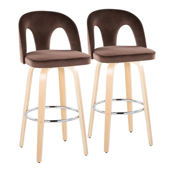 English Elm Fixed-height Swivel Barstools Velvet Seat Bentwood Legs Chrome Footrest Set of 2 B202S02154