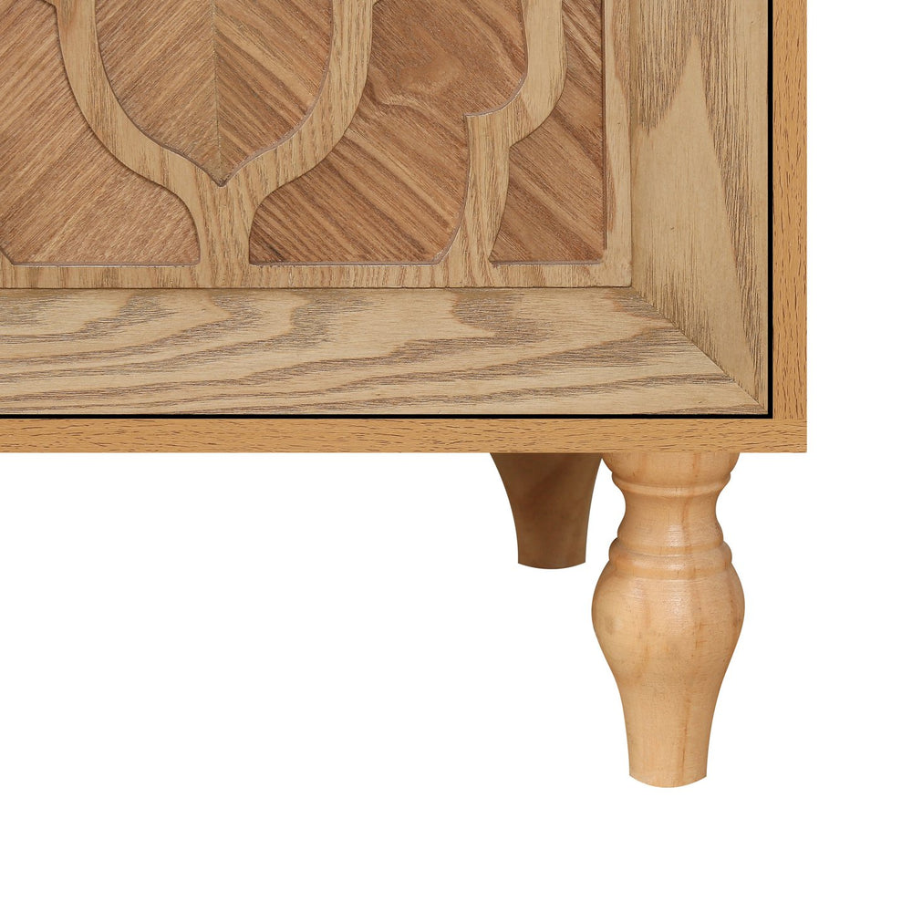 English Elm Carved Flower Door Large Storage Cabinet with Metal Handles — Elegant Carved Design for Entryway, Kitchen and Living Room Natural Wood W1445P164167