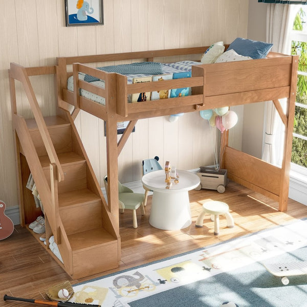 English Elm Twin Low Loft Bed Solid Pine Frame Kids Study Desk Blackboard Storage White Antique Natural W1580S00553