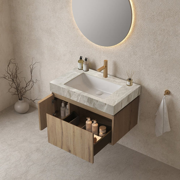 English Elm MURI Luxury Wall-Mounted 30" Bathroom Vanity with Sintered Stone Countertop and Ceramic Basin, Plywood Cabinet Light Gray,White Oak W2615S00334