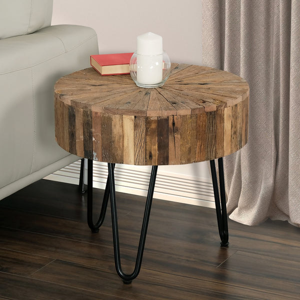 English Elm Handcrafted Rustic Wood Round End Table with Reclaimed Pie‑Slice Top and Black Hairpin Legs, 22" B2741P285769