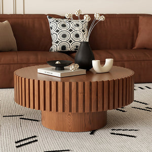 English Elm Round Handcrafted Olive-Shaped Coffee Table with Sturdy MDF Pedestal, Ready-to-Use Living Room Accent Natural Wood W3081P255076