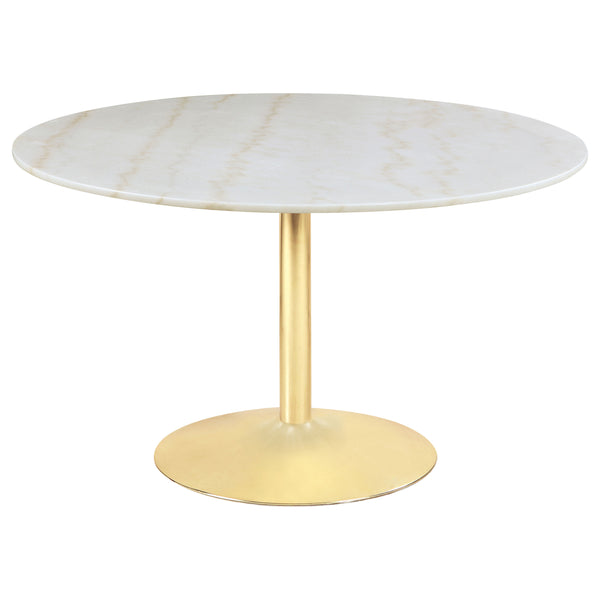 English Elm Raleigh White Marble and Brass Pedestal Dining Table — Compact Luxe Design Seats Four, Space-Saving Style B062S00834