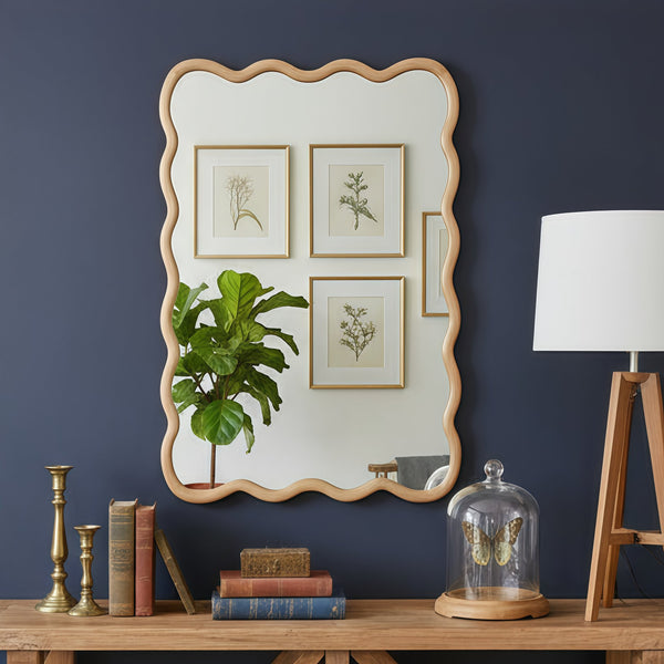 English Elm Natural Wood Wavy Rectangle 24"x36" Solid Wood Frame Mirror – Rustic Boho Wall Mirror for Home W2203P388997