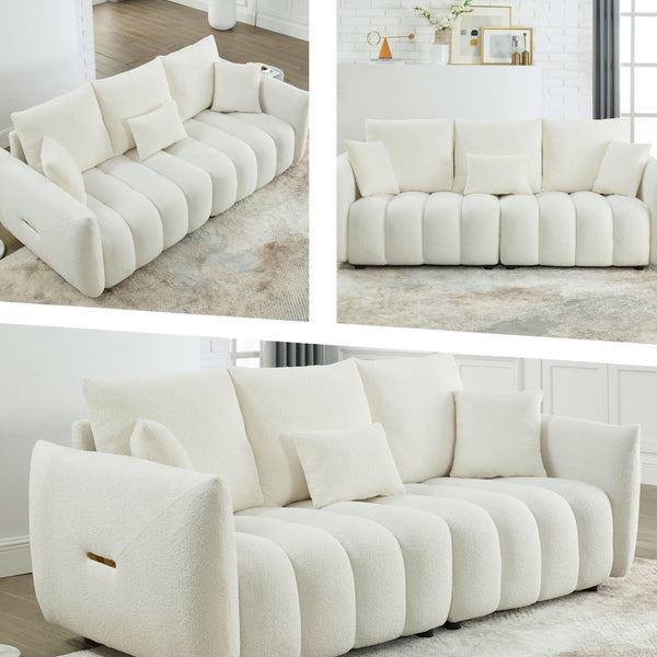 English Elm [video] Mh Plush Teddy Velvet 3-seat Sofa Solid Wood Frame High-resilience Foam Living Room Beige W1193S00177
