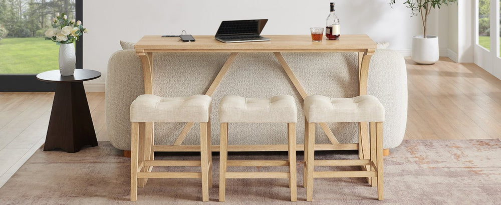 English Elm 59 Inch Bar Table Set with Power Outlet Rubberwood Frame and 3 Linen Stools Light Oak W2972P385256