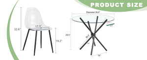 English Elm Table Set: Modern Round Tempered Glass Dining Table With 4 Transparent Chairs & Black Metal Legs W1151S03677-GIGA