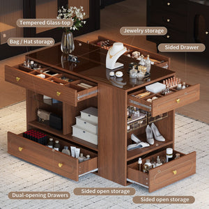 English Elm Closet Elegant walk-in island with glass display top, 6 drawers and open shelves for organized storage Walnut 39.76 L x 17.32 W x 12.2 H N733S304513D