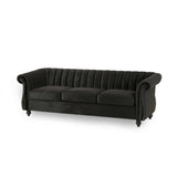 Christopher Knight Home® - Noble House - - 84-Inch Black 3-Seater Velvet Sofa – Button Tufted With Nailhead Trim, Curved Backrest, And Rolled Arms, Stylish And Elegant Couch For Modern Living Rooms, Durable Upholstery, Luxury Design