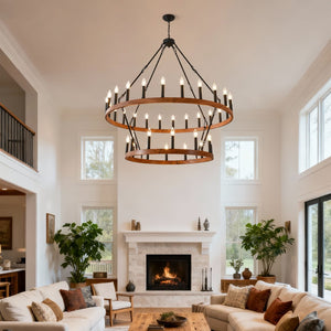 English Elm 47.24 Inch Two-tier Wagon Wheel Chandelier 36-light Wood Grain Metal Farmhouse Foyer Fixture W5008P392657