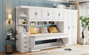English Elm Twin Murphy Wall Bed with Integrated Desk Wardrobe and Storage Cabinet in White LP000767AAK