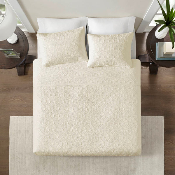 English Elm Reversible Madison Park Quebec Quilt Set Full/Queen Cream — Cottage Stitch Texture, Prewashed Cotton Fill, Antimicrobial Protection B03597398