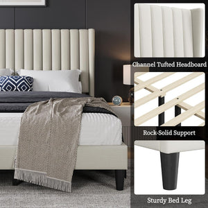 English Elm Queen Platform Bed Upholstered Beige Fabric Headboard Wooden Slat Base No Box Spring W5239P452871