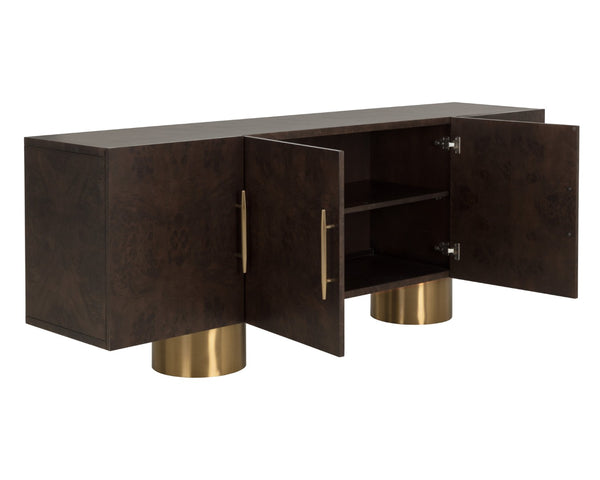Sunpan KRESTEVEN Sideboard: Modern Luxury with Maple Burl Veneer & Gold Accents for Elegant Storage Solutions 112129