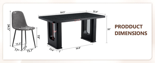 English Elm Table And Chair Set - Modern 64.5" Black Wood Dining Table With 4 Dark Gray Linen-Cotton Chairs W1151S04318-GIGA