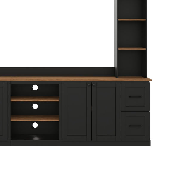 English Elm Unique Low Profile Media Console with Led Lighting Glass Shelves Fits Tvs to 105 Black N721S000077B