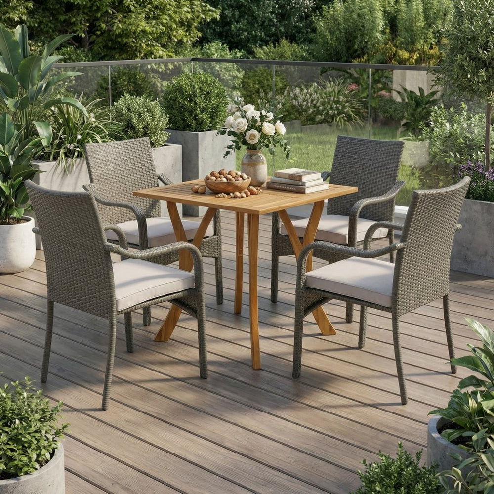 English Elm 5 Piece Outdoor Acacia Wood Dining Set with Wicker Chairs and Weather Resistant Cushions N773OD00149G