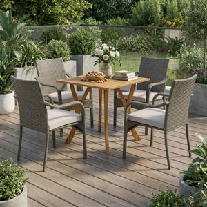 English Elm 5 Piece Outdoor Acacia Wood Dining Set with Wicker Chairs and Weather Resistant Cushions N773OD00149G