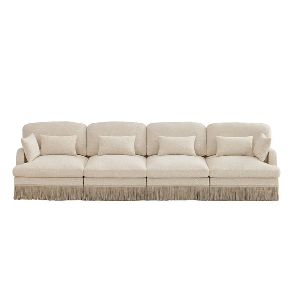 English Elm 131" Chenille Leopard Sectional Sofa Modular 4 Seat Deep Cushion Tassel Trim Beige W5656S00007
