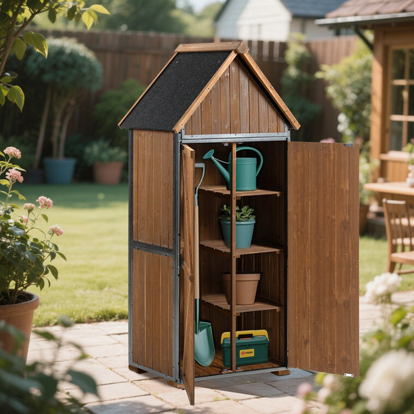 English Elm Outdoor Storage Cabinet with Wood & Metal Frame 32.3"L x 21"W x 67"H Weatherproof Garden Shed Organizer for Patio Lawn Tools and Equipment Brown W1422P284300