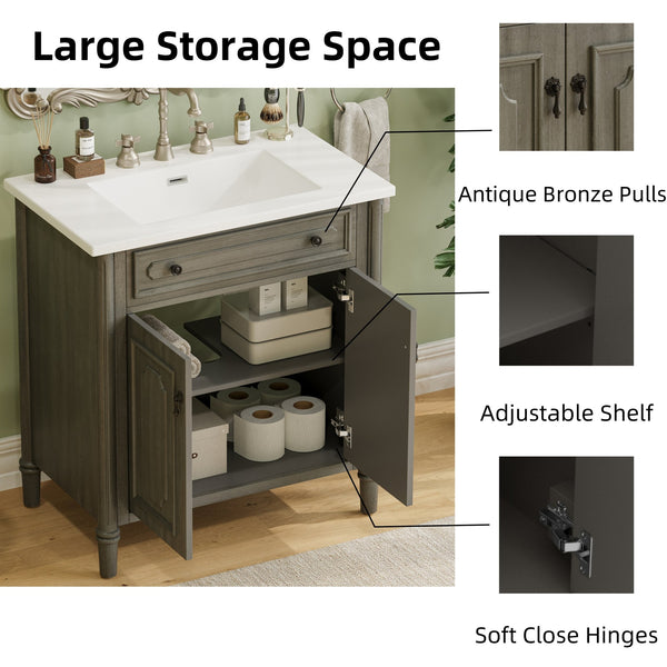English Elm Christopher Knight Home® - 30 Inches Vintage Bathroom Vanity With Sink – Rustic Gray Cabinet, Soft-Close Doors & Ceramic Top N817P299472G