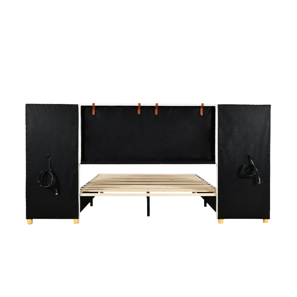 English Elm Full Upholstered Platform Bed with Velvet Headboard, Dual USB Outlets, Built-In Pillows & Shelves Beige WF324744AAA