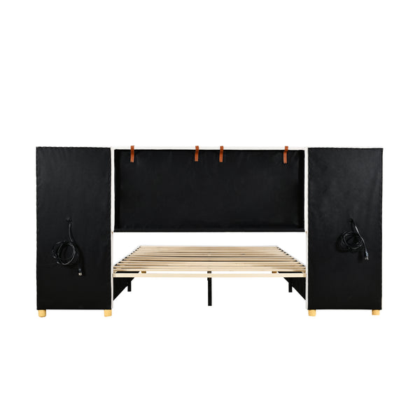 English Elm Full Upholstered Platform Bed with Velvet Headboard, Dual USB Outlets, Built-In Pillows & Shelves Beige WF324744AAA