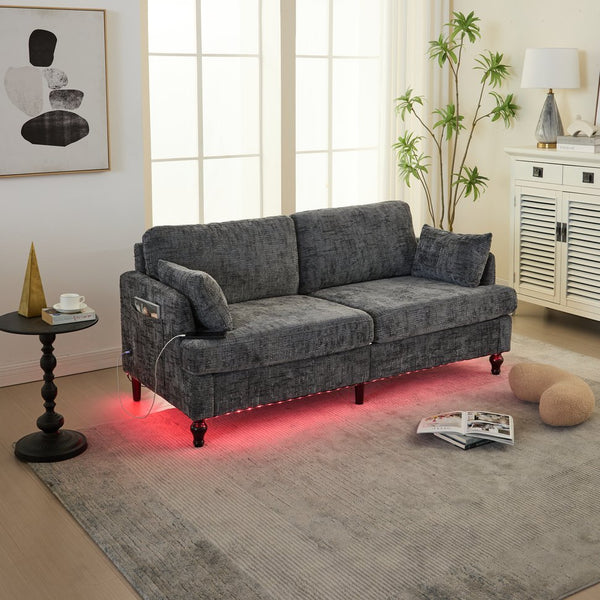 English Elm Modern chenille 2-seater sofa with LED, USB charging, storage pocket, solid wood legs, durable comfort Gray W395P318544