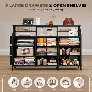 English Elm 55''W Modern Dresser with 9 Fabric Drawers & 2 Open Shelves — Sturdy Wood‑Metal Chest, Anti‑Tip Stability Black T3950P402193