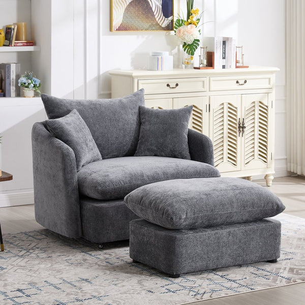 English Elm 360° 360 Swivel Oversized Chenille Armchair with Pocket Spring Seat and Three Throw Pillows Grey W1361S00093