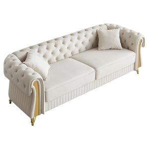 English Elm 89''W Chesterfield Modern Tufted Velvet Sofa with Pocket Springs, Gold Trim & Removable Cushions Beige W579S00037