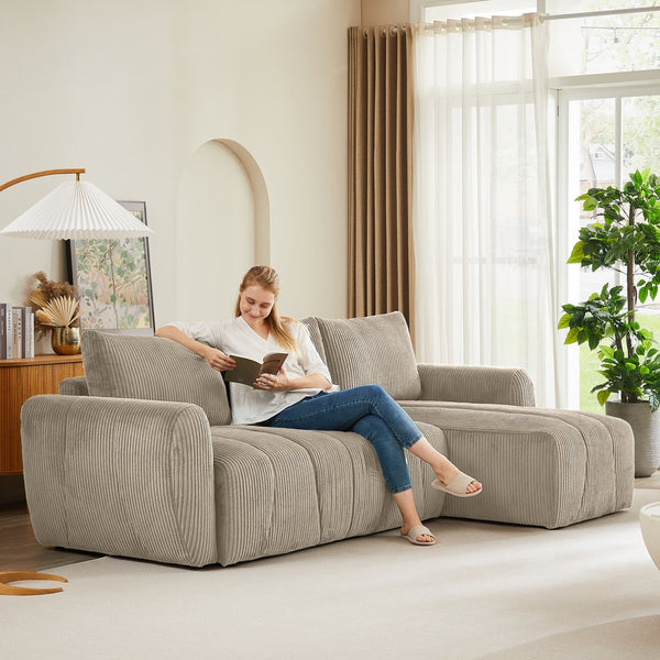 English Elm Convertible Corduroy Sectional Sofa with Storage & Reversible Chaise, 3-Seater Modern Bed Sofa (Light Brown) W2339S00029