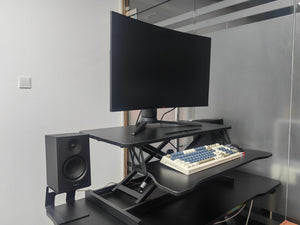 English Elm 32 32 Inch Desk Converter Height Adjustable Sit-Stand Riser Dual Monitor Laptop Workstation, 30lb Capacity, Wide Tray, Black W2641P192319