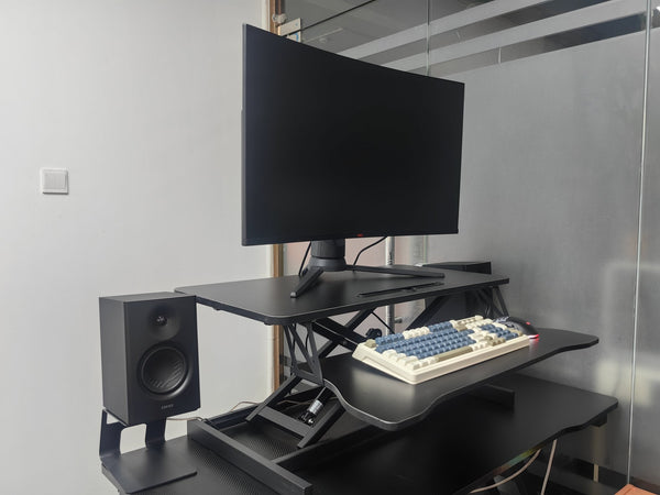 English Elm 32 32 Inch Desk Converter Height Adjustable Sit-Stand Riser Dual Monitor Laptop Workstation, 30lb Capacity, Wide Tray, Black W2641P192319