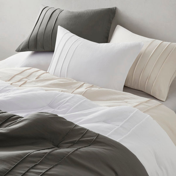 English Elm 3-piece Cal King Pintuck Pleated Microfiber Comforter Set Soft Washed Tailored Bedding Neutral B035P463229