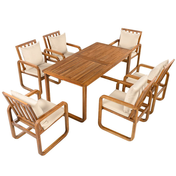 English Elm Outdoor Acacia Wood Dining Set Seats Six with Cushioned Armrest Chairs for Patio Natural Wood+Brown N719Z000200D