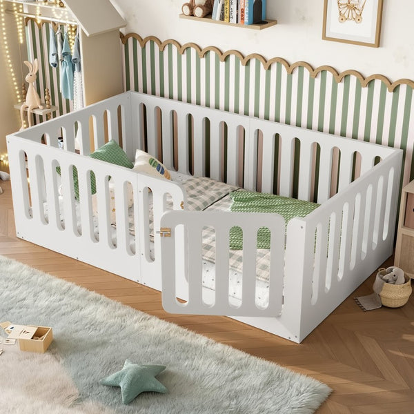 English Elm Twin Solid Pine Montessori Floor Bed with House Frame Door and Safety Fence Light White W5305P420632