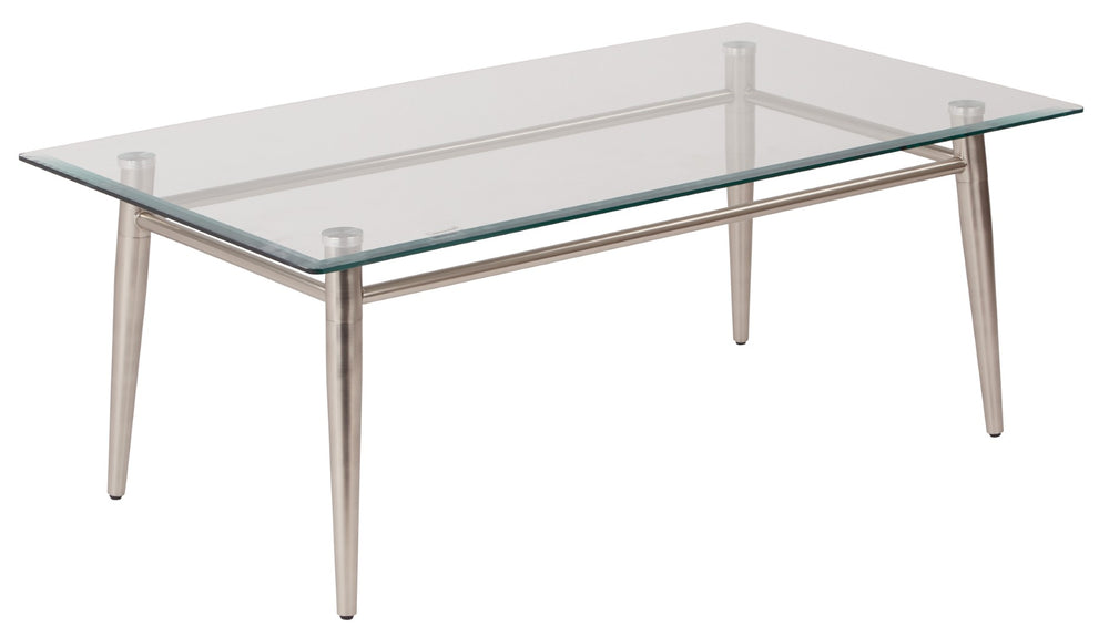 OSP Home Furnishings Brooklyn Tempered Glass Coffee Table with Brushed Nickel Frame for Modern Living Rooms MG1242S-NB